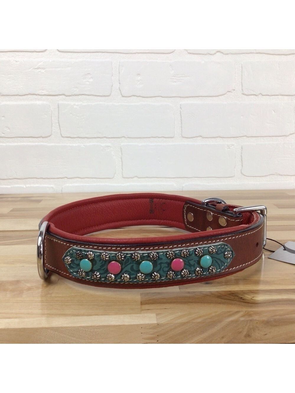 Mad Cow genuine leather jewelry dog collar handmade red pink turquoise studded